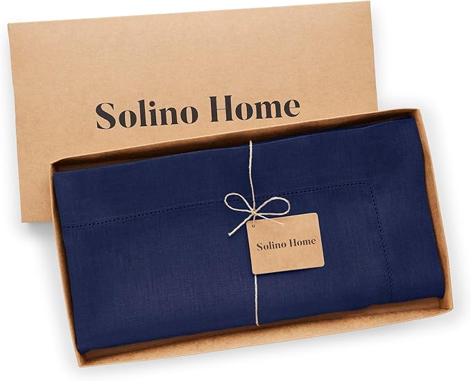Solino Home Navy Blue Linen Tablecloth 52 x 52 Inch - 100% Pure Linen Square Table Throw - Classic Hemstitch, Machine Washable Table Cloth for Fall, Autumn, Thanksgiving, Christmas, Holiday, Winter