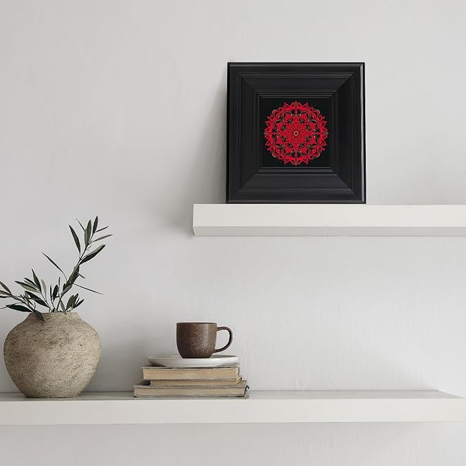 Brivoria Mandala Wall Art Home Decor, Framed Red Ember Glow Mandala Artwork, Modern Spiritual Accent for Meditation Corner Desk Shelf or Bedroom, Warm Wall and Tabletop Display, 8x8