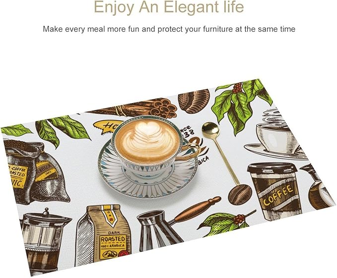 Coffee Time Placemat Set of 4, 12x18 Inch Rustic Coffee Cup Theme Beans Retro Vintage Farmhouse Washable Heat Resistant Table Mats for Outdoor Farmhouse Kitchen Dining Decor