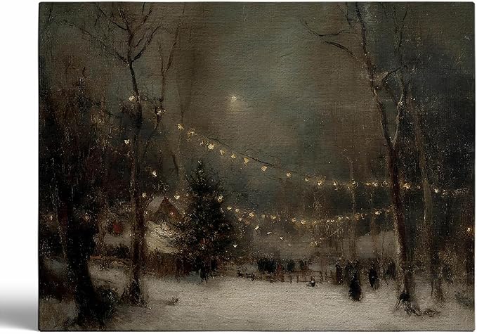 Winter Evening Landscape Wall Art Prints,Moody Antique Snowy Holiday Decor,Rustic Christmas Eve Print,Snowy Forest Lights Christmas Poster