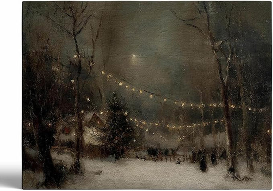 Winter Evening Landscape Wall Art Prints,Moody Antique Snowy Holiday Decor,Rustic Christmas Eve Print,Snowy Forest Lights Christmas Poster