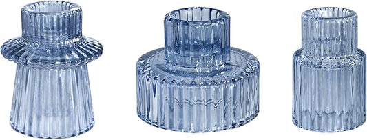 WELLIFE Blue Glass Candle Holder, 3 Pcs Tapered Candlestick Holders, Blue Glass Candlestick Holder for Table Centerpieces, Wedding Decor & Dinner Party