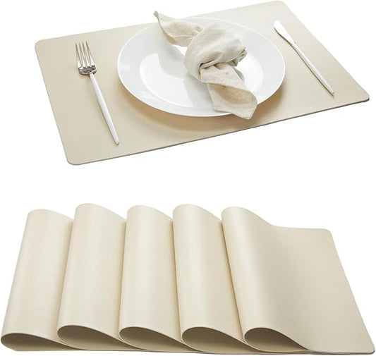 DOLOPL Placemats Set of 6, Wipeable Faux Leather Heat Resistant Mats for for Kitchen Dining Room Table Decorations, Modern Anti Slip Dining Table Place Mats for Indoor & Outdoor Use(Beige)