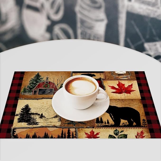 Retro Bear Placemat Set of 4, 12x18 Inch Rustic Farmhosue Green Buffalo Plaid Wildlife Paw Print Forest Tree Cabin Country Lodge Coffee Table Mats for Outdoor Kitchen Dining Table Decoration