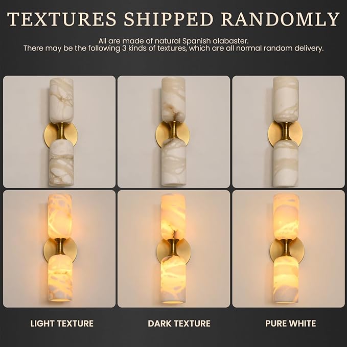 Alabaster Wall Sconces Set of Two, 22in Modern Spanish Natural Marble Bathroom Vanity Sconces, Brass Alabaster Sconce Wall Lighting, Gold Wall Light Fixtures Decor for Bedroom Living Room Staircases