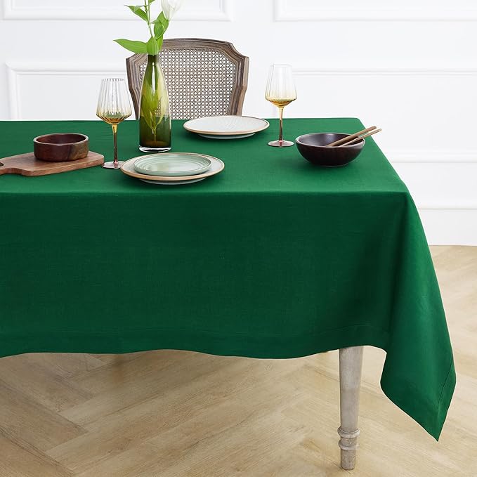 Solino Home Linen Tablecloth 60 x 132 Inch - 100% Pure Linen Christmas Green Table Cloth for Rectangle Tables - Fete, Machine Washable Tablecloth for Thanksgiving