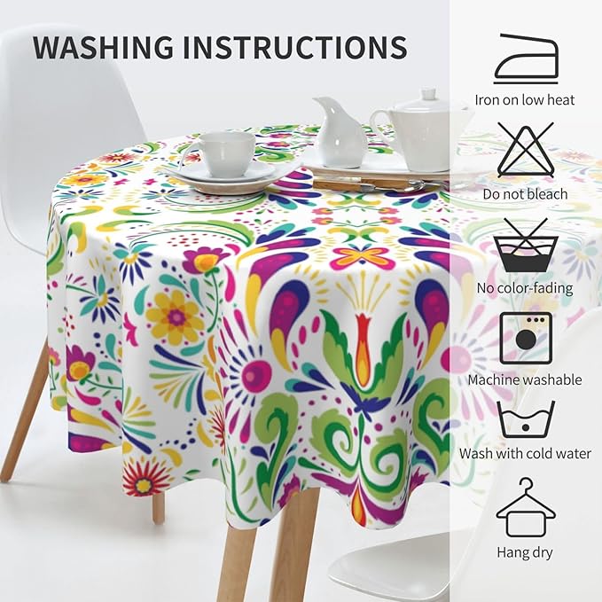 Mexican Round Tablecloth, Traditional Floral Dia De Los Muertos Azulejo Mosaic Mexico Water Resisitant Table Cover for Dining Kitchen Living Room Home Party Holiday Decor 60 inch Round