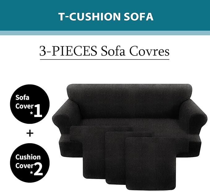 T Cushion Sofa Slipcover 4 Pieces Sofa Covers for T Cushion Couch Soft Sofa Slip Covers Furniture Protector with 3 Individual T Shape Seat Covers (Black, 3 Cushions)