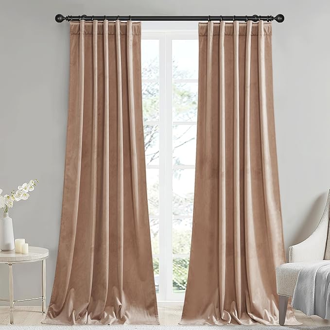 StangH 96 inches Long Beige Blush Velvet Curtains - 2 Panels Light Dimming Drapes Farmhouse Decor for Nursery Bedroom, Super Soft Heavy Panels Heat & Cold Blocking for Office/Business, W42x L96