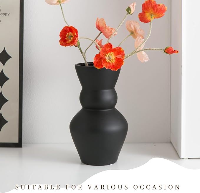 Black Ceramic Vase, Modern Matte Pampas Grass Vases, Boho Big Mouth Vase Home Decor for Centerpiece Wedding Party Living Room Office Bedroom, Housewarming Gift