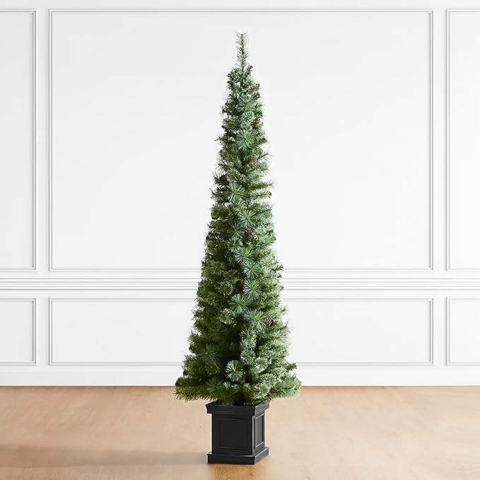Glitzhome 7 FT Pre-Lit Artificial Christmas Tree, Lighted Entrance Tree Green Pine Christmas Porch Tree with 200 Warm White Lights,9 Functional Warm White/Multi-Color, Remote Controller