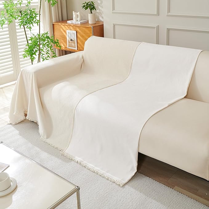 DREAMINGO Sofa Covers Washable Thick Chenille Couch Cover for 3 Cushion Couch Sofa Multi-Use Couch Cover Blanket Modern Pet Furniture Protector Sectional Couch Slipcover 91"x150", Beige White