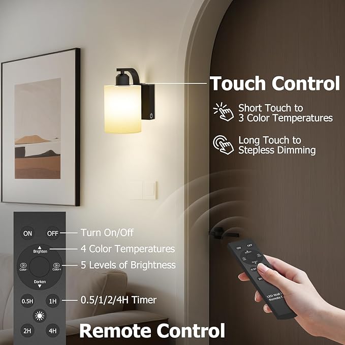 Wall Sconce Battery Operated Set of 2, 6000mAh Rechargeable Wall Lights with Touch Control and Remote Control, Wireless Wall Lamps for Bedroom, Black Sconces Wall Decor for Living Room Hallway