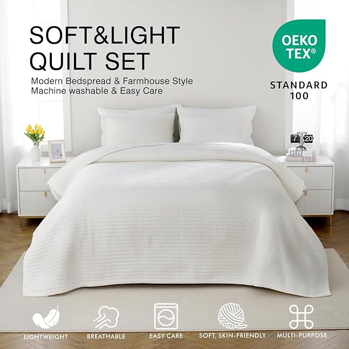 Queen Quilt Set – 90"x90" Soft Washed 3-Layer Lightweight Bedspread with Multi-Lock Quilting, Minimalist Nordic Bedding, All-Season Quilt Set for Spring & Summer (1 Quilt + 2 Pillow Shams),Cream White