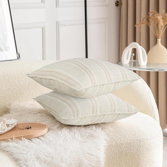 18X18 Decorative Farmhouse Linen Throw Pillow Covers, Boho Textured Pillow Case Set of 2 ,Beige with White & Brown Stitch Yarn Dyed Stripe Cushion Cover ,Modern Accent Square Pillowcase for Sofa Couch