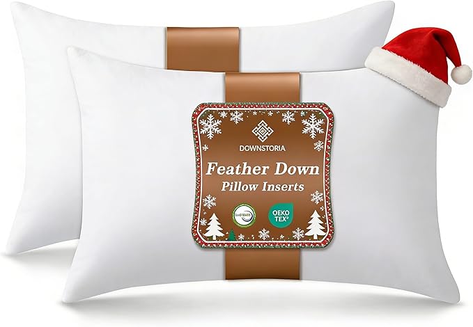 12x20 Feather Down Pillow Inserts Set of 2, Decorative Pillows with 100% Cotton Cover, Throw Pillow for Bed, Couch and Sofa.