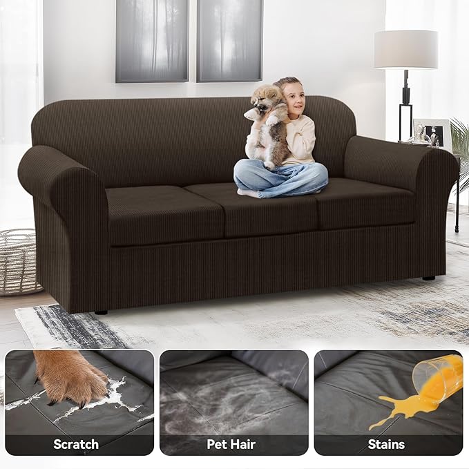 100% Waterproof Extra Large Couch Cover 4-Piece Set Striped Sofa Slipcovers for 3 Cushion Couch Covers with TPU Leakproof Bottom Stretch Protector Pet Proof - Sofa(3-Cushion), Brown