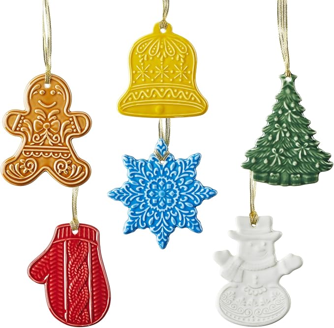 6 Pcs Ceramic Christmas Ornament Set, Hanging Ornaments for Tree Decoration, Christmas Decorations, Winter Decorations, Tree Ornaments, Assorted Colors