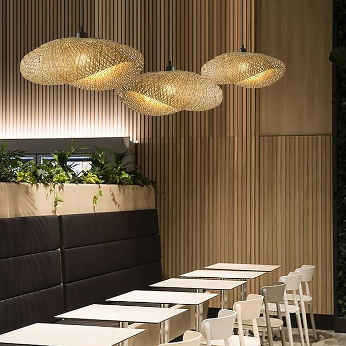Hand Woven Bamboo Pendant Light,23.62 in Bamboo Rattan Ceiling Hanging Light Hand Woven Wicker Chandelier for Living Room Kitchen Dining Room Farmhouse