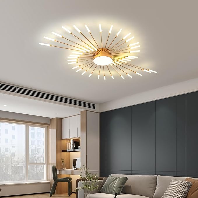 JAYMP Ceiling Light Modern Flower Shape Ceiling Lamp for Living Room Dining Room Flush Mount Metal Acrylic Sputnik Firework Petal LED Lighting Fixture (Matte Gold, 42+1 Lights)