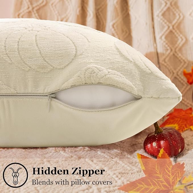 decorUhome Decorative Beige Pumpkin Thanksgiving Throw Pillow Covers 12x20 Set of 2, Soft Chenille Jacquard Farmhouse Textured Pillow Covers for Couch Bed Sofa Autumn Harvest Halloween Holiday