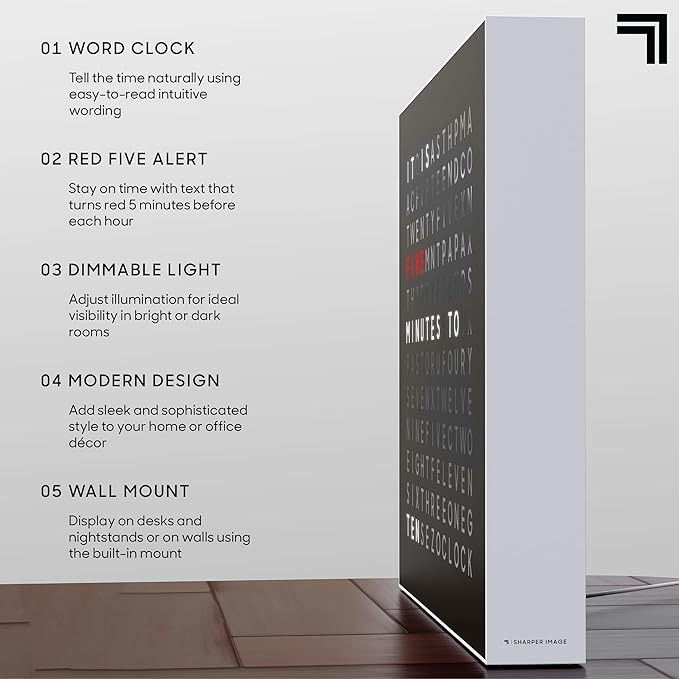 Sharper Image® LED Word Clock Pro with Dimmable Light, 9.45" Modern Design, & Red 5-Minute Alerts| Electronic Accent Wall & Desk Clock| Contemporary Home & Office Decor| Housewarming Gift