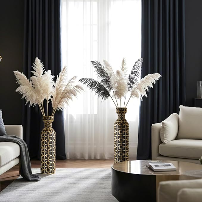 Pair of 24.4" Tall Ceramic Cylinder Vases with Geometric Gold Accents, Large Flower Vase, Decorative Vase - Modern Black & Gold Floor Vases for Living Room, Entryway Decor (Set of 2)
