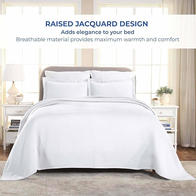 Superior 100% Cotton Basket Weave Bedspread with Shams, All-Season Premium Cotton Matelasse Jacquard Bedding, Quilted-Look Geometric Basket, Queen, White