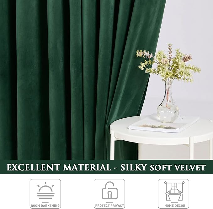 StangH Green Curtains Velvet Drapes - Extra Long Bedroom Room Darkening Window Curtains for Living Room, Back Tab Decorative Energy Saving Curtain for Sliding Door, W52 x L120, 2 Panels