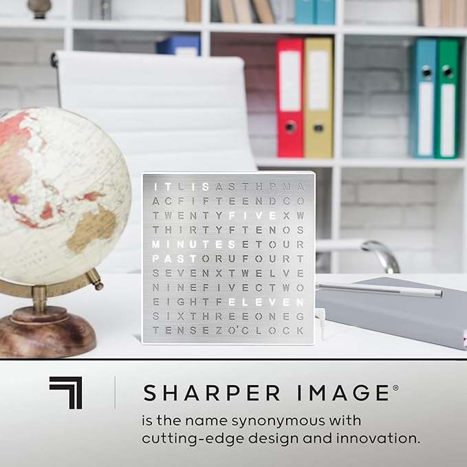 Sharper Image® LED Word Clock – 7.75" Light-Up Digital Clock for Desk & Wall| Modern Time Display Accent Clock| Unique Home Office Décor| Living Room Kitchen Bedroom| Housewarming Gift for Men & Women