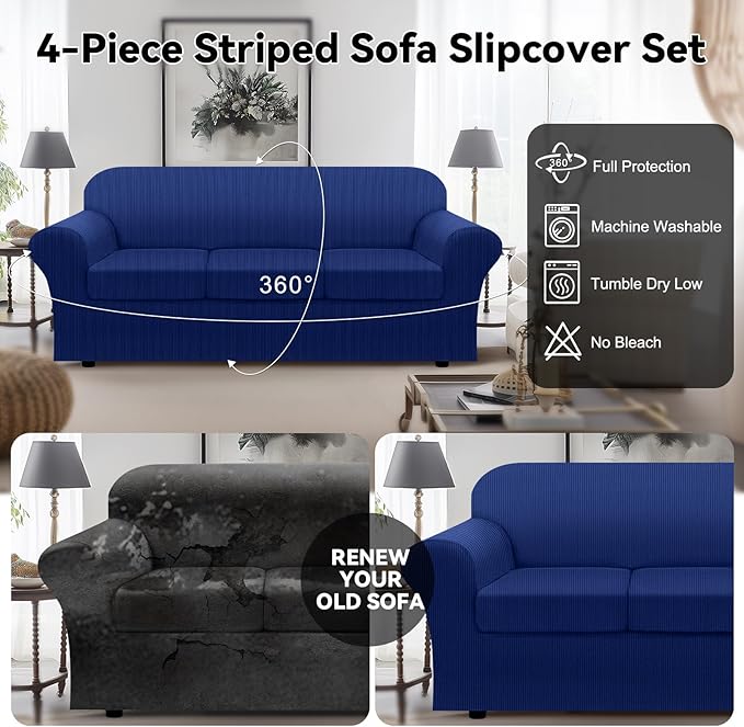 100% WaterproofCouch Cover 4-Piece Set Striped Sofa Slipcovers for 3 Cushion Couch Sofa Covers with TPU Leakproof Bottom Stretch Couch Protector Pet Proof - Sofa(3-Cushion), Navy