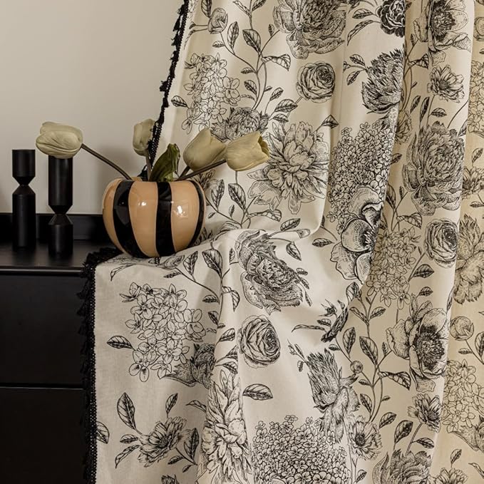 F-CHU Boho Curtains for Living Room 96 Inch Length French Country Floral Drapes Farmhouse Rustic Vintage Window Curtain Panels for Bedroom Chic Cotton Linen Closet Curtains，1 Panel