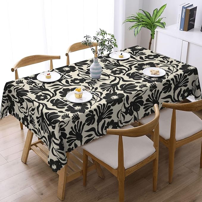 Black Boho Cute Retro Floral Table Cloth for Dining Tables, Vintage Abstract Flower Leaves Rectangle Tablecloths Decoration Home Reusable Table Cover for Kitchen,Holiday,Party, 54x72 Inch