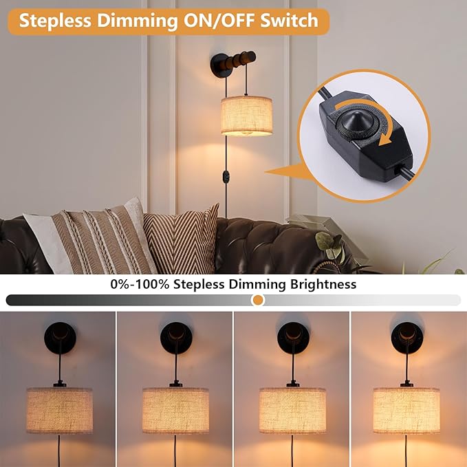 Plug in Wall Sconces Set of 2, Farmhouse Wall Lamp with 5.9FT Plug in Cord, Dimmable Hanging Wall Lighting with Fabric Shade, Adjustable Wall Mount Lights for Bedroom Living Room, Wooden Arm
