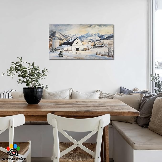 GUTTATY Christmas Winter Farm Canvas Wall Art, Snowy Mountain Scene Canvas Prints, Rustic Barn Painting Pictures for Living Room, Holiday Wall Decor, Country Landscape Poster Artwork, 16x8 Inch