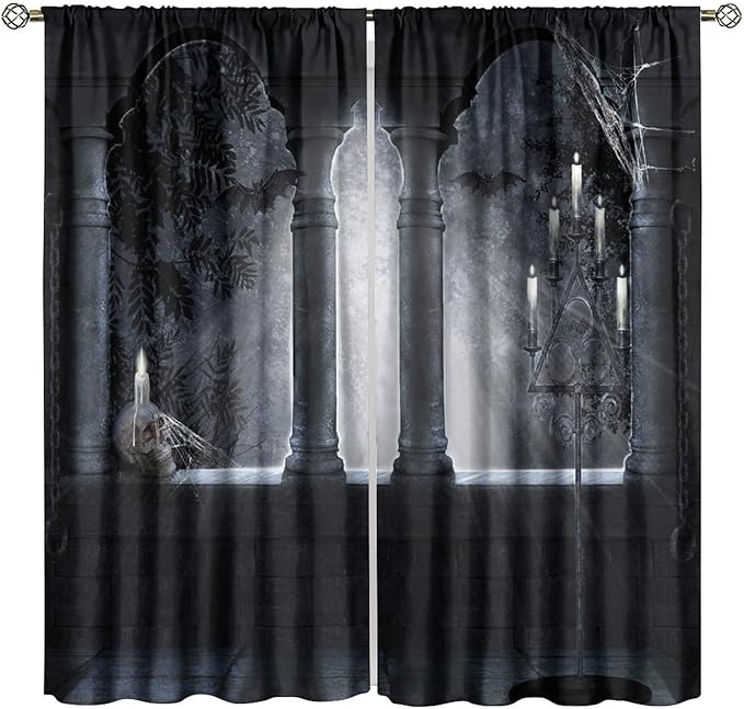 Gothic Mid Century Skeleton Blackout Curtains, Vintage Castle Skull Candlesticks Halloween Horror Spider Web Window Drapes, for Living Room Bedroom 31.5(W)*72(L) 2 Panels