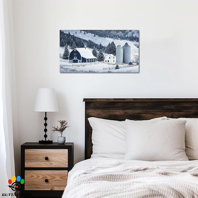GUTTATY Christmas Winter Scene Canvas Wall Art, Barn Snow Farm Landscape Canvas Prints, Holiday Pictures Artwork, Blue White Country Wall Decor Poster for Living Room, Bedroom, Farmhouse, 16x8 Inch