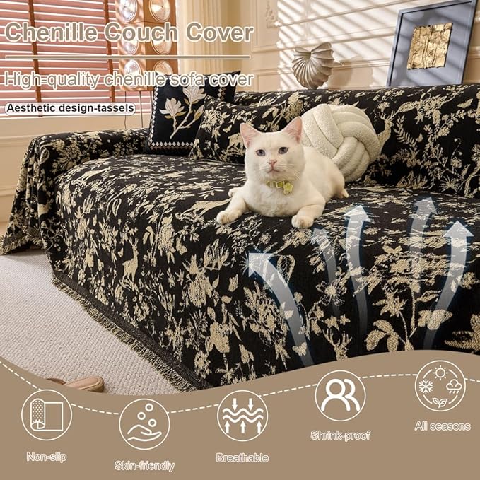 ROOMLIFE Black Couch Cover Sofa Covers, Chenille Couches Covers for 3 Cushion Sofas, Non Slip Soft Breathable Sofa Slipcovers for Pet, Washable Furniture Protector with Tassel,71''X134”