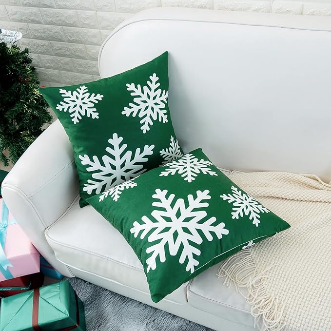 HWY 50 Green Decorative Throw Pillow Covers 20x20 Inch for Couch Sofa Living Room Bed, Soft Square Throw Pillows Cases Set Cushion Cover with Christmas Snowflakes Print Pack of 2
