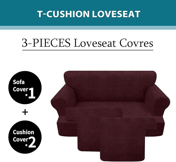 T Cushion Loveseat Slipcover 3 Pieces Sofa Covers for T Cushion Sofa Stretch Slip Covers for 2 Cushion Couch with 2 Individual T Shape Seat Covers (Burgundy, 2 Cushion)