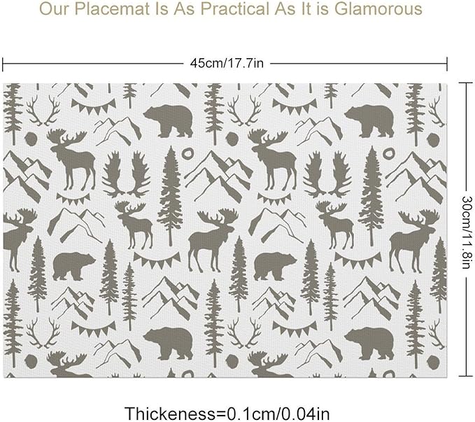 Retro Bear Placemat Set of 4, 12x18 Inch Vintage Grey Wildlife Aniamal Forest Tree Cabin Country Lodge Farmhosue Coffee Table Mats for Outdoor Kitchen Dining Table Decoration