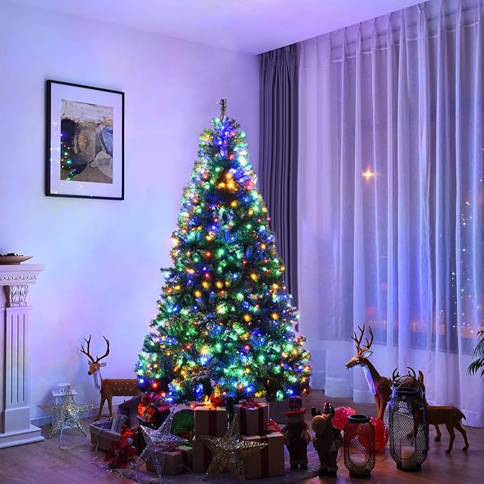 COSTWAY 7 FT Pre-lit Christmas Tree, Artificial Xmas Tree with 500 Warm White & Multicolored Lights, 11 Modes, 1570 Branch Tips, Metal Support, Holiday Decoration Fake Tree for Home, Office, Party