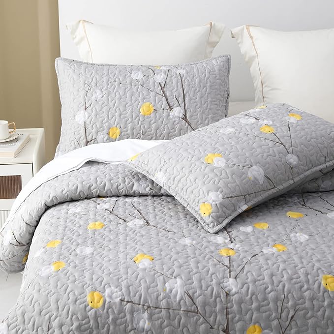 DURLENGEN Floral Quilt Set California King Size 3Pcs, Grey Branch with Yellow Turquoise Polka Dot Pattern All Season Lightweight Coverlet Sets(Cal King 112x104, Botanical Teal)