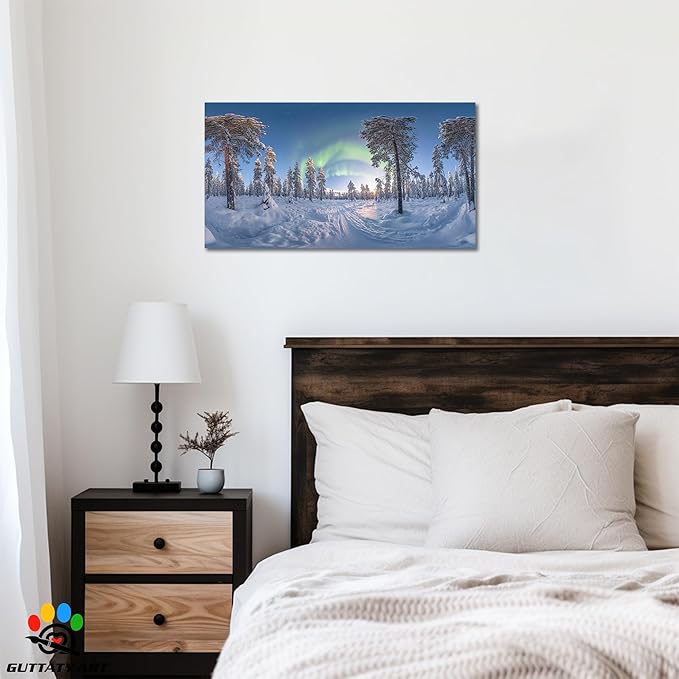 GUTTATY Christmas Winter Canvas Wall Art, Northern Lights Winter Scene Canvas Prints, Snowy Forest Landscape Poster Picture, Holiday Artwork for Living Room, Bedroom, Office, 16x8 Inch