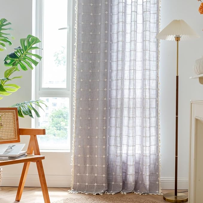 Sutuo Home Boho Curtains for Bedroom Living Room 84 Inch Length, Linen Light Filtering Country Farmhouse Vintage Chic Tassels Window Treatment Bohemian Drape, 1 Panel 52" W x 84" L, Dark Grey Plaids