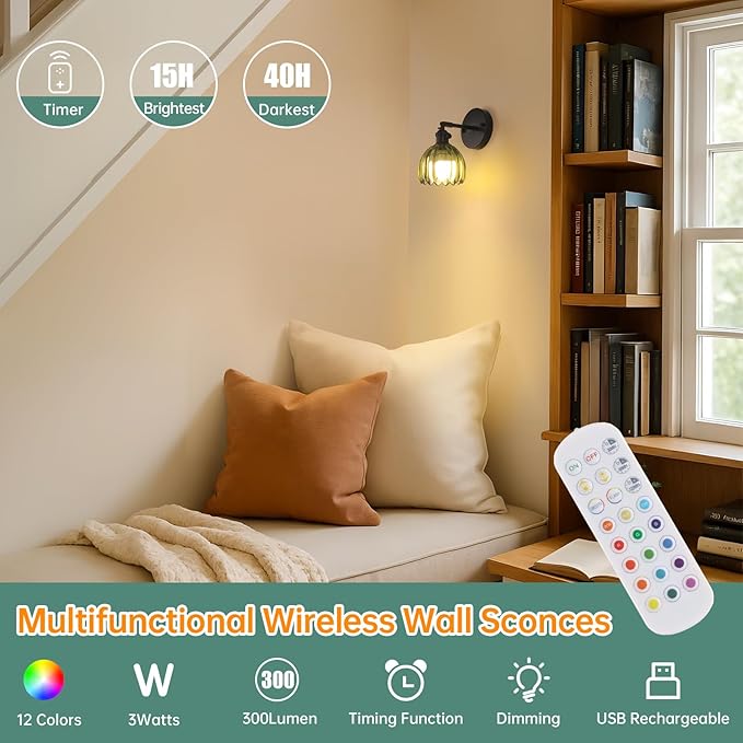 Vintage Battery Operated Wall Sconce with Green Tulip Glass Lampshade Rechargeable Battery Powered Black Wall Light with Remote Control for Bedside Bedroom Doorway, Set of 2