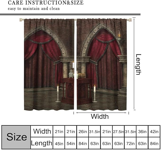 Gothic Architecture Blackout Curtains, Mysterious Mid Century Dark Castle Pattern Window Drapes, for Living Room Bedroom 27.5(W)*63(L) 2 Panels