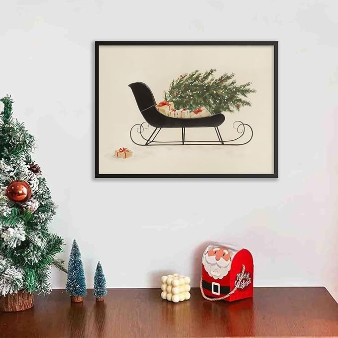 Winter Holiday Sleigh Canvas Wall Art Vintage Christmas Tree Poster Retro Botanical Pine Tree Sketch Painting Prints 12x16 inch Black Framed for Living Room Bedroom Wall Decor