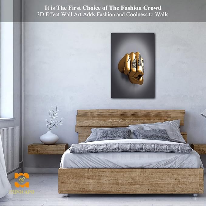 3D Wall Art - Abstract 3D Metal Effect Canvas Wall Art, 3D Modern Wall Art for Office, Golden Boxer Gesture 3D Art Wall Decor for Modern Bedroom Decor Framed 18”x24”x1Pcs