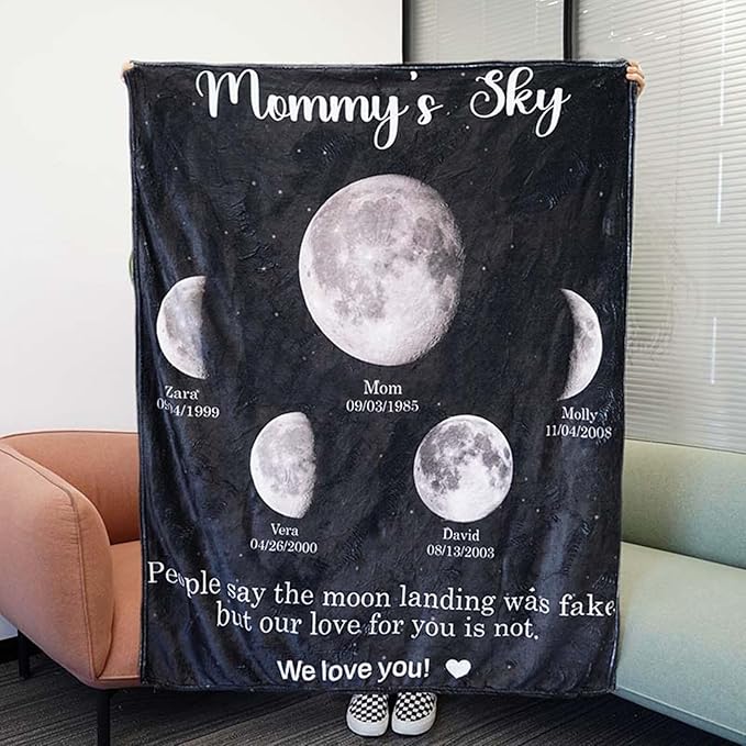 Personalized Moon Phase Throw Blanket Custom Mommy's Universe Moon Phase Fleece Blanket with Family Name Birthdate Wearable Blanket Gift for Mom Dad Father's Day Mother's Day Christmas